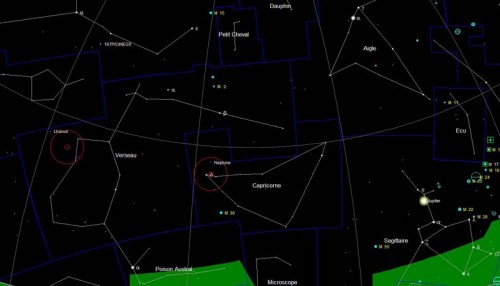 Ciel de fin juillet vers 2h du mat, au dessus de l'horizon Sud. Uranus dans le verseau et Neptune dans le Capricorne